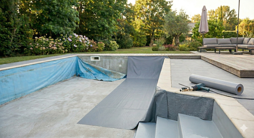 Rénovation de piscine avec remplacement d'un liner usé par une membrane armée grise sur un bassin vide.